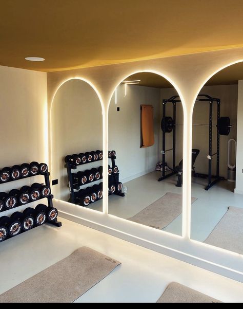 Windowless Home Gym, Personal Gym Design, Home Gym And Sauna, Girly Home Gym, Fitness Gym Interior Design, Home Gym Lighting, Gym With Sauna, Small Space Home Gym, In Home Gym