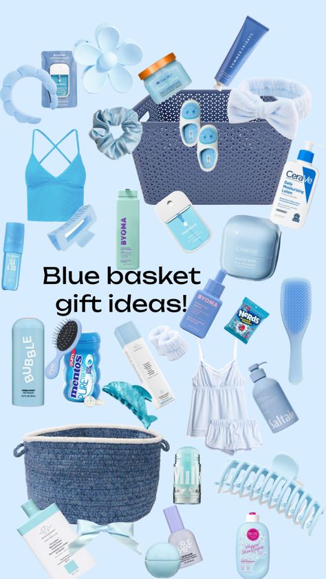 Blue products basket gift idea! #favoutfitfinder Blue Valentines Basket, Turquoise Gift Basket Ideas, Burr Basket Blue Theme, Blue Burr Basket Ideas, Birthday Basket Blue, Baby Blue Gifts, Navy Blue Gift Basket Ideas, Blue Gift Basket Ideas For Women, Blue Basket Gift Ideas