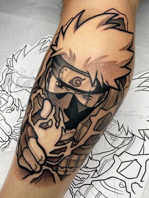 Kakashi Sensei Tattoo, Kakashi Tattoo Ideas, Kakashi Tattoo Design, Kakashi Tattoo, Naruto Tattoos, Samurai Tattoo Sleeve, Square Tattoo, Pikachu Tattoo, Black Men Tattoos