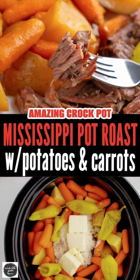 The best Mississippi pot roast crock pot recipe with vegetables like carrots and potatoes. You'll love this easy slow cooker healthier version. Mississippi Pot Roast With Carrots, Mississippi Roast Crock Pot, Best Crockpot Roast, Easy Crockpot Roast, Mississippi Pot Roast Crockpot, Healthy Pot Roast, Pot Roast With Carrots, Pot Roast Vegetables, Ez Recipes