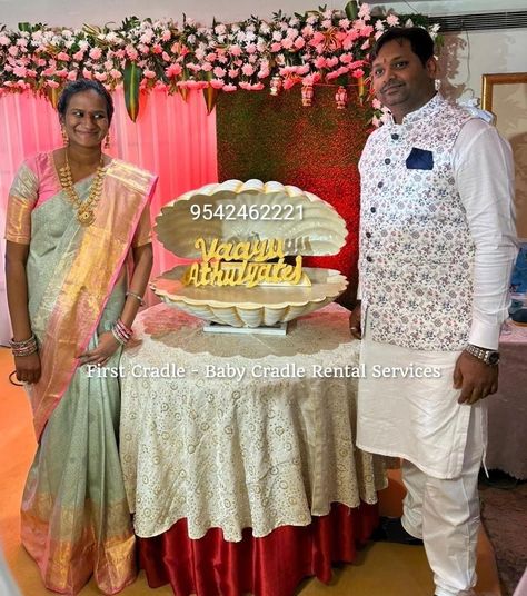 Name Reveal Shell Naming Ceremony Background, Cradle Decoration For Naming Ceremony, Name Revealing Ideas For Naming Ceremony, Naming Ceremony Ideas, Name Reveal Ideas, Seemantham Decoration, Baby Name Decorations, Cradle Decoration, Draping Saree