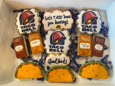 He loves Taco Bell, so a cute theme for a send off on his last day at his current job!       #tacos #tacotuesday  #cookiesincolor #cookies #cookiesofinstagram #decoratedcookies #customcookies #newjob #goingawayparty #tempeaz #homebakery #tacosauce Taco Bell Cookies Decorated, Taco Bell Party Theme, Taco Bell Themed Birthday Party, Taco Bell Bachelorette Party, Taco Bell Birthday Party, Taco Bell Party, Taco Cookies, Taco Bell Wedding, Ball Birthday Parties