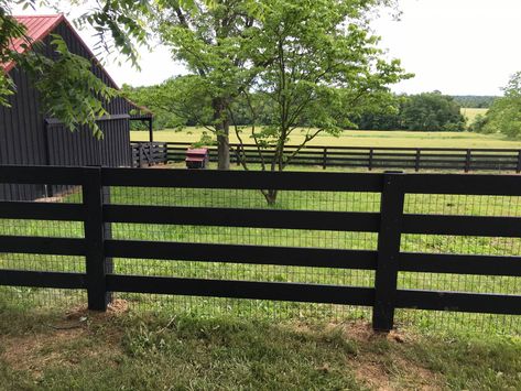 3 Rail Post & Board Painted Black | Smucker Fencing Black Ranch Fencing, Black Post And Rail Fence, Black Ranch Fence, Black Split Rail Fence, Fence Painted Black, 3 Rail Fence, Fence With Wire, Landscape Driveway, Black Fencing