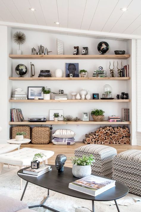 how all the cool kids arrange their art, via @MyDomaine Reka Bentuk Ruang Tamu, Hiasan Dalaman Rumah, Reka Bentuk Dalaman, Hiasan Bilik Tidur, Decor Ikea, Living Room Shelves, Room Shelves, Farmhouse Living, Wooden Shelves