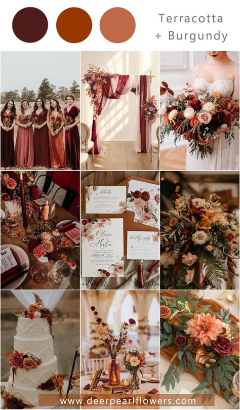 Fall Burgundy Floral Arrangements, Vineyard Wedding Color Scheme, Nasa Wedding, Terracotta And Burgundy, Fall Color Palette Wedding, Wedding Schemes, September Wedding Colors, Burgundy Wedding Theme, Wedding Theme Color Schemes