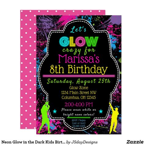 Neon Glow in the Dark Kids Birthday Party Invite Glow In The Dark Birthday, Dark Birthday, Glow In Dark Party, Glow Birthday Party, 12 Birthday, Light Party, Neon Birthday, Glow Birthday, Blacklight Party