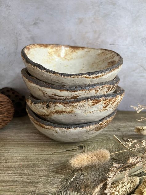 Ceramic Bowls, Handmade Bowls, Rustic Bowls, Minimalist Stoneware, Handmade Ceramic Bowls, Ceramic Soup Bowl, Tilted Bowl, Irregular Shape - Etsy Rustic Pottery Glazes, Pottery Cereal Bowls Handmade, Ceramic Salad Bowl Handmade, Rustic Pottery Bowls, Ceramic Dishes Handmade, Unique Ceramic Ideas, Raw Ceramics, Pottery Bowls Handmade, Ceramic Bowls Handmade