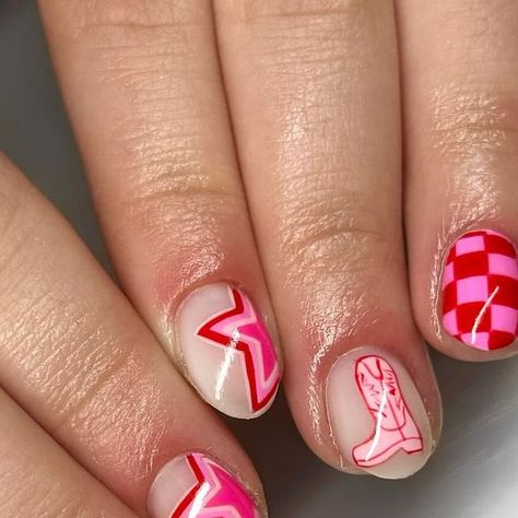 PAISLEY | Nail Artist on Instagram: "Are we kiddinggg the cowboy boot and the cherry with the bow🥹 #naturalnails #gelnails #naildesign #boycottboringnails #nailsofidahofalls #utahnails #nails #nailsofinstagram #utahnails #nailtech #nailtipsandtricks #nailaddict #nailworld #nailinspo #nailartswatches #nailartist #gelnailart #nailsdesign #utahnails #nailaddict #springnails #springnailinspo" Nail Designs Nashville, Cowboy Boot On Nails, Stampede Inspired Nails, Cowboy Boot Nails Design, Calgary Stampede Nails, Cowboy Nail Ideas, Nails With Cowboy Hat, Cute Nashville Nails, Nails For Concerts