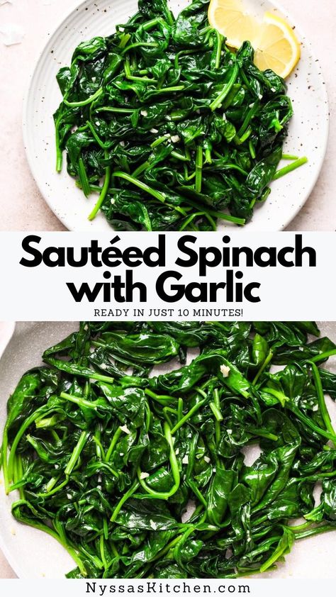 This 5 ingredient sautéed spinach with garlic recipe is a super easy side dish that is made in a skillet in just 10 minutes! It pairs beautifully with many different types of meals, from pan seared chicken to oven roasted fish. A simple back pocket veggie recipe that's perfect for any night of the week! Spinach Side Dish, Saag Recipe, Roasted Fish, Garlic Spinach, Garlic Recipe, Spinach Recipe, Seafood Entrees, Raw Spinach, Healthy Side Dish