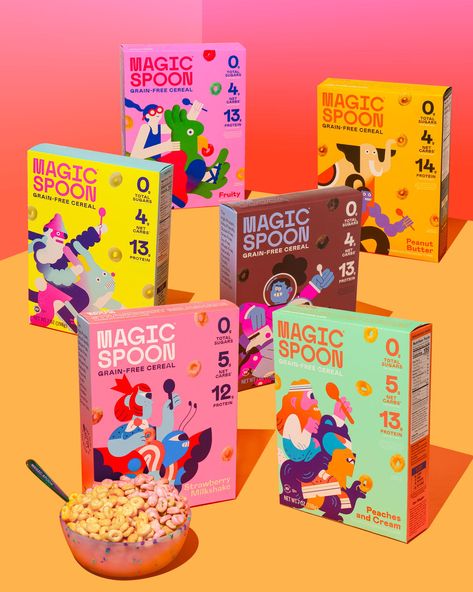 Storytelling Packaging Design, Childish Graphic Design, Cereal Box Design Ideas, Bold Packaging Design, Cereal Box Packaging, Cereals Photography, Funky Packaging, Cereal Box Design, Sweet Branding