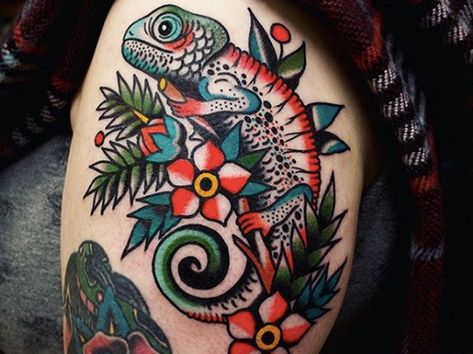 Bold Color Tattoos For Women, Old School Tattoos Color, Chameleon Traditional Tattoo, Bright Traditional Tattoo, Coloured Traditional Tattoo, Colorful Traditional Tattoo, New American Traditional Tattoo, Animal Traditional Tattoo, Traditional Leg Tattoos Women