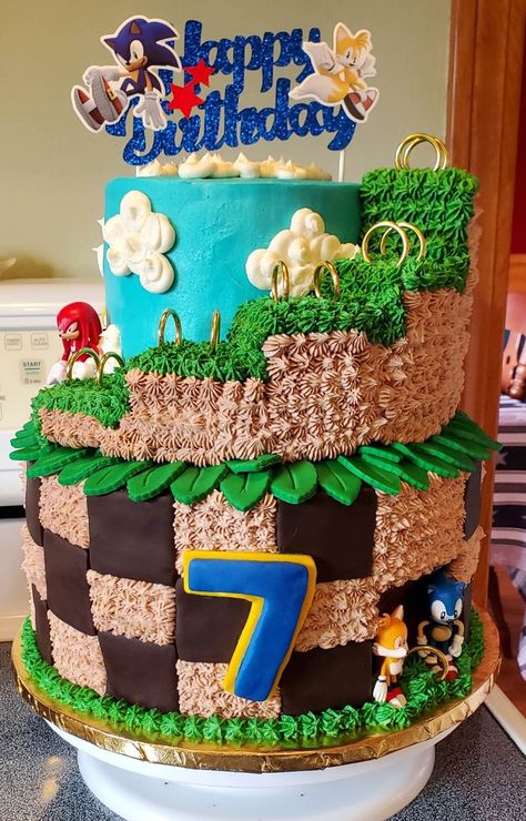 2 tiered Sonic the Hedgehog cake. Marble cake with vanilla and chocolate buttercream and fondant decor. Sonic And Shadow Cake, Sonic Buttercream Cake, Sonic The Hedgehog Birthday Party Cake, Sonic Hedgehog Cake, Sonic The Hedgehog Birthday Cake, Lego Sonic, Hunter Birthday, Cake Marble, Sonic Birthday Cake