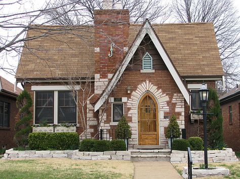 Love the Gothic front door!  1930s Tudor, St. Louis Tudor Style House, Tudor Houses, English Tudor Homes, Tudor Homes, Chicago Bungalow, Brick Cottage, Tudor Cottage, Cozy Cottages, Storybook Homes