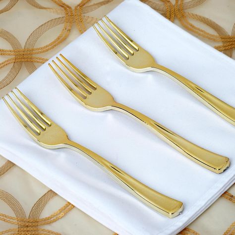 Metallic Disposable Plastic Fork - Gold - 25 Pack | eFavorMart Catering Dinner, Gold Utensils, Gold Plastic Silverware, Gold Fork, Disposable Utensils, Foil Packaging, Disposable Cutlery, Plastic Silverware, Plastic Utensils