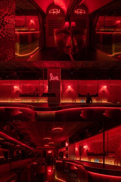 Lapis Bureau (LxB) recently designed a red-hue night club in the most prosperous and bustling bar street of Coco Park in Futian, Shenzhen RED by Lapis Bureau is located in the heart of Shenzhen’s nightlife, in Coco Park Futian area, and is designed to be one of the most exclusive and unexpected realities among the bars and clubs scene in post-pandemic Shenzhen. Exclusive Club Aesthetic, Bar Astethic Club, Club Astethics, Night Club Design Interior, Red Club Aesthetic, Strip Club Interior, Red Luxury Aesthetic, Headspace Aesthetic, Neon Night Club