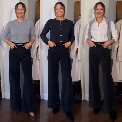 Navy Trousers Outfit, Styling Wide Leg Jeans, Wide Leg Pant Outfit, Life With Jazz, Outfit Ideas Work, J Crew Boots, Corduroy Pants Outfit, Jeans Outfit For Work, Gray Cashmere Sweater