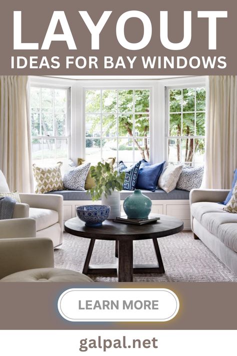 Layout Ideas for Bay Windows. Make a bay window an inviting place for reading a book or having a conversation. Featuring comfortable chair and ottomans. Provide chairs with a lighting area for reading in the darkness. Positioning the arrangement in the pop-out area will make the seating stand out in the room. #BayWindows #HomeDecorIdeas #WindowLayout #InteriorDesign #WindowStyling Grey Couch Blue Accents, Room With Blue Accent Wall, Blue Accent Living Room, Living Room With Bay Window Layout, Rooms With Accent Walls, Beige Couch Decor, Ideas For Bay Windows, Orange Accent Wall, Blue Accents Living Room