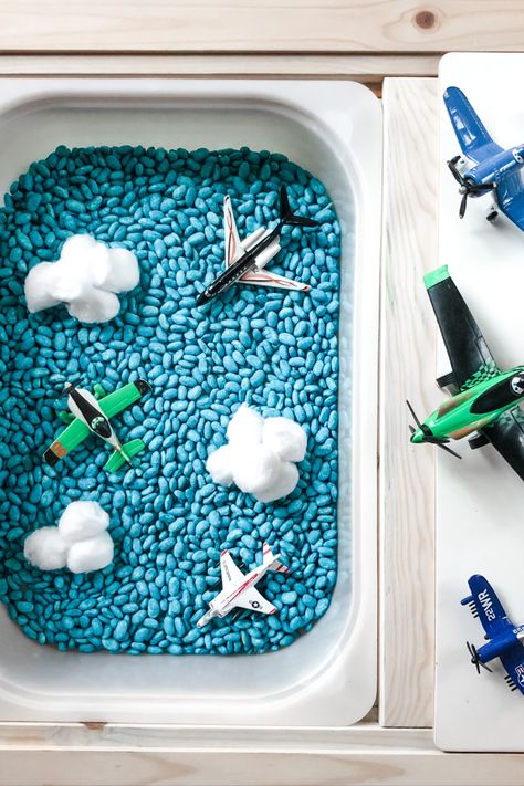 Clouds Sensory Bin, Plane Sensory Bin, Vehicle Sensory Bins, Transport Sensory Bin, Airplane Fine Motor Activities, Flisat Table Activities Fall, Cloud Sensory Bin, Baseball Sensory Bin, Africa Sensory Bin