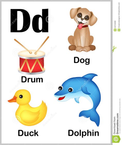 Alphabet letter D pictures stock vector. Illustration of duck - 50724099 D Letter Images, Alphabet Letters Images, Colorful Alphabet, Alphabet Words, Abc Flashcards, Alphabet Kindergarten, Alphabet Phonics, Alphabet Pictures, Alphabet Worksheets Preschool