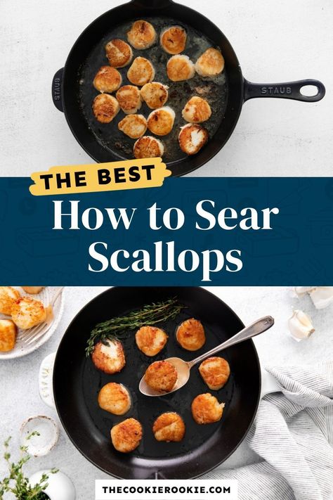 Seared scallops are a simple delicacy that’s easier to make than you think. They’re perfectly pan-seared in butter and lightly seasoned for the best flavor. Pop over to my site for the recipe! | seafood | appetizers | dinner recipes | How To Cook Scallops In Cast Iron, Scallops In Cast Iron Skillet, Cast Iron Scallops, Seared Scallops Cast Iron, How To Sear Scallops, Frozen Scallop Recipes, How To Cook Scallops In Pan, Searing Scallops, Perfect Scallops