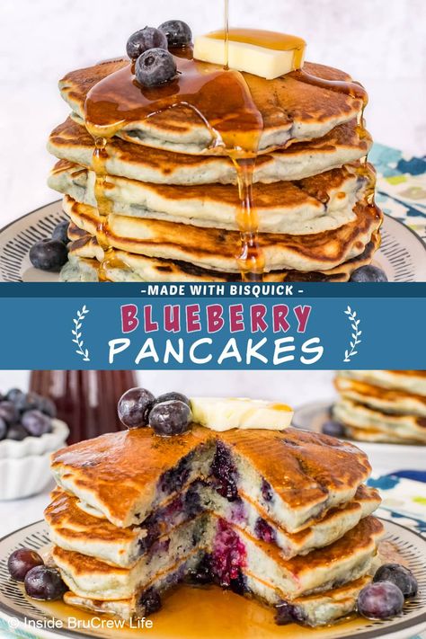 Our golden, fluffy Bisquick Blueberry Pancakes bursting with juicy berries are the perfect way to start your day! Enjoy them piping hot off the griddle or top with butter and maple syrup for an extra touch of deliciousness. They are easy to make and can be frozen for future busy mornings. Bisquick Blueberry Pancakes, Oatmeal Yogurt Pancakes, Bisquick Pancake Recipe, Blueberry Pancakes Easy, Healthy Blueberry Pancakes, Bisquick Pancakes, Gluten Free Bisquick, Blueberry Pancakes Recipe, Berry Pancakes