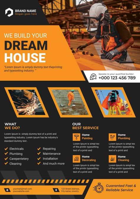 Company Flyer Design Business, Construction Poster Design Building, Construction Banner Design Ideas, Company Advertisement Design, Engineering Flyer Design, Flyers Design Ideas, Flyer Template Design Layout, Design Layout Poster, Advertising Design Layout