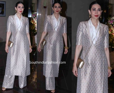 Karisma Kapoor attended her cousin Armaan Jain's Roka Ceremony wearing an off-white and gold brocade kurta paired with matching palazzo pants by Payal Khandwala. She accentuated her look with gold jewelry by Notandas Jewellers , gold crossbody bag and gold sandals. Bold red lips and a neat ponytail added finishing touches to her look! Brocade Kurta With Pants, Brocade Pants With Kurti, Brocade Suit Designs With Pants, Payal Khandwala Kurta, Brocade Kurti Designs Latest, Brocade Kurta Designs, Brocade Kurti Design With Pants, Brocade Pants Outfit, Brocade Pant Suit