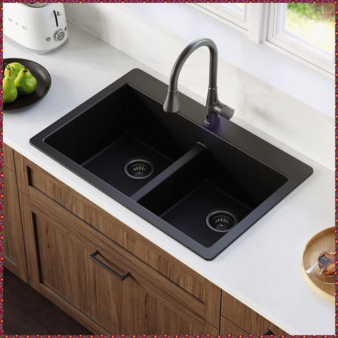 Black Sink White Counter, Black Sink Kitchen, Quartz Kitchen Sink, Composite Kitchen Sinks, Quartz Sink, Double Kitchen Sink, Black Kitchen Sink, Drop In Kitchen Sink, Kitchen Sink Design