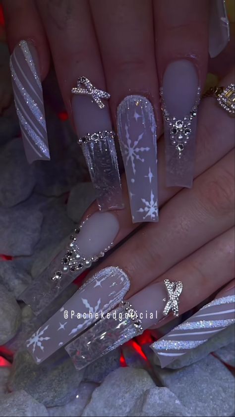 Unique Holiday Nail Designs, Snowy Acrylic Nails, Ice Christmas Nails, Frosty Nails Acrylic, Snowflake Charm Nails, Winter Nail Sets Acrylic, Icecicle Nails, Gem Christmas Nails, Winter Themed Nails Acrylic