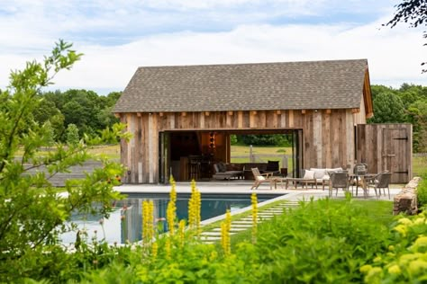 Pool Barn House, Accordion Glass Doors, Barn Pool House, Backyard Pool House, Country Pool, Barn Pool, Modern Pool House, Timber Frame Design, Timber Truss