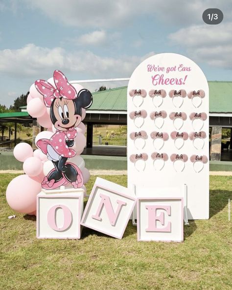 Minnie Mouse Ears Display Party Ideas, Minnie And Mickey First Birthday Party, One Year Old Backdrop First Birthdays, Pink Mickey Mouse Birthday, Unique Minnie Mouse Birthday Party, 1st Birthday Party Ideas Minnie Mouse, Light Pink Minnie Mouse Party, Classy Minnie Mouse Party, 1st Birthday Minimouse