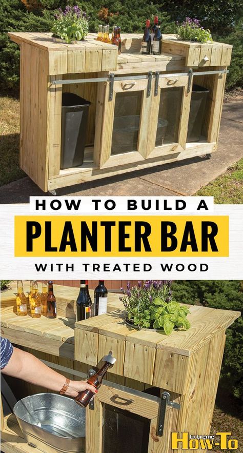 How to build a garden planter that doubles as an outdoor bar | Get the best Gardneing and DIY Home Improvement ideas and learn more at extremehowto.com #diyfloor #floor Diy Home Improvement Ideas, Fun Garden Art, Outdoor Garden Bar, Build A Garden, Diy Outdoor Bar, Bar Build, Whimsical Garden Art, Bar Exterior, Outside Bars