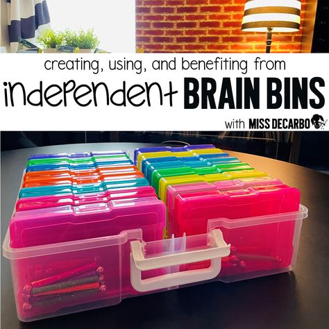 Brain Bins are what I like to call morning tubs! Learn about how I use individual, independent brain bins in my classroom to promote creativity, critical thinking, and problem solving skills! Literacy Coach Office, Brain Bins, Lego Bins, Literacy Classroom, Stem Bins, Sensory Classroom, Stem Boxes, Kindergarten Stem, Work Bins