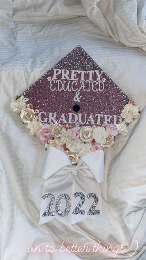 Diamond Cap Graduation, Pretty And Educated Grad Cap, Pink Rhinestone Grad Cap, Cap And Gown Cap Decorations, Graduation Gown Decoration Ideas, Pink Cap Ideas For Graduation, Graduation Cap Designs With Bow, Graduation Cap Designs With Crown, Tiara Graduation Cap