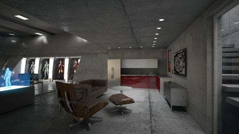 Tony Stark's Garageby Alberto Birindelli Tony Stark Home, Iron Man Garage, Avengers Facility, Tony Stark House, Iron Man House, Malibu House, Malibu Mansion, Man Garage, Mcu Dr