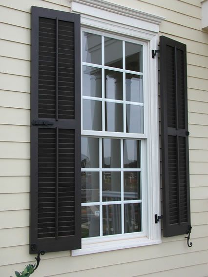 Exterior Wood Shutters, Wood Shutters Exterior, Window Shutters Exterior, Outdoor Shutters, Louvered Shutters, Shutter Designs, Custom Shutters, House Shutters, Brick Exterior House