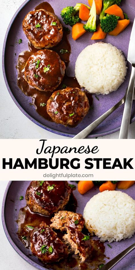 a plate of Japanese hamburger steak served with rice and vegetables Japanese Hamburger, Hamburg Steak, Juicy Hamburgers, Easy Japanese Recipes, Resep Salad, Mapo Tofu, Hamburger Steak, Oreo Brownies, Japanese Recipes