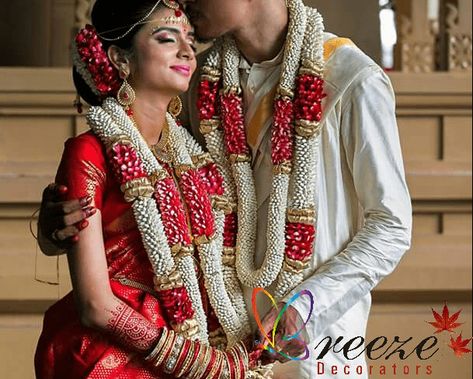 Garland - Indian Wedding Garland Couple, White And Red Garland Wedding Indian, Wedding Garland For Red Saree, Muhurtham Garland South Indian, Reception Garlands For Bride And Groom, Wedding Maalai For Red Saree, Muhurtham Malai Design, Garland For Red Saree, Kalyana Malai Designs