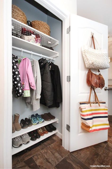 Need to organize your entryway? Check out these functional and beautiful entryway organization ideas! Roundup from Designer Trapped in a Lawyer's Body. Coat Closet Organization Front Entry, Hall Closet Organization, Coat Closet Makeover, Small Coat Closet, Closet Makeover Diy, Closet Small Bedroom, Front Closet, Coat Closet Organization, Entry Closet