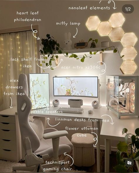 Dröm Hus Planer, Zimmer Diy, Cozy Desk, Dream Bedroom Inspiration, Study Desk Decor, Gamer Room Decor, Cozy Home Office, White Desk, Room Redesign