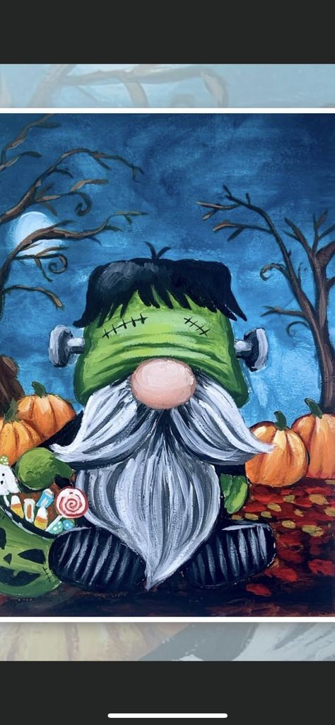 Halloween Nomes Painting, Ghost Gnome Painting, Acrylic Painting Knomes, October Acrylic Painting Ideas, Witch Gnome Painting, Halloween Gnomes Painting, Fall Paint And Sip Ideas, Halloween Gnome Painting, Gnome Acrylic Painting