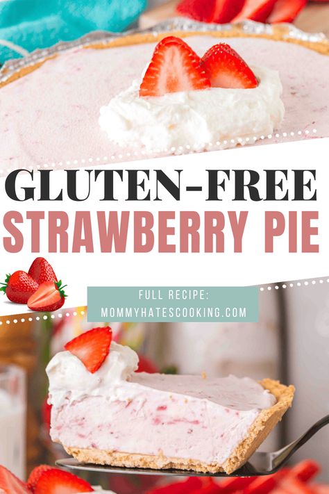 Make a delicious and cold treat with this Gluten-Free Frozen Strawberry Pie, perfect for the summer months and no-bake too! Gluten Free Strawberry Pie Recipe, Gluten Free Pie Recipes, Frozen Strawberry Pie, Strawberry Yogurt Pie, Gluten Free Pies Recipes, Frozen Strawberry Recipes, Yogurt Pie, Strawberry Pie Recipe, Fresh Strawberry Pie