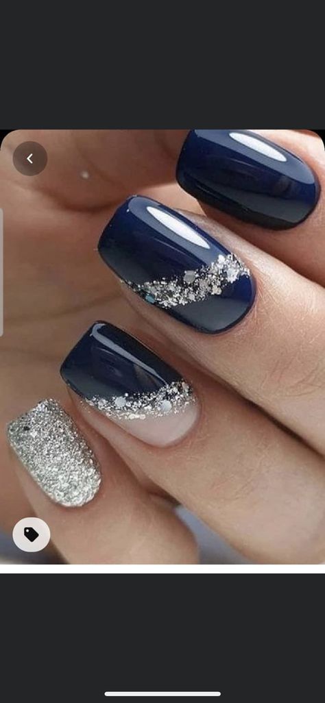 Dark Blue And Silver Sparkle Nails, Gel Navy Blue Nails, Navy And White Wedding Nails, Sapphire And Silver Nails, Nails For Navy Dress Wedding, Navy Bridesmaid Nails, Dark Blue And Rose Gold Nails, Navy Blue Bridesmaid Nails, Blue And Champagne Nails