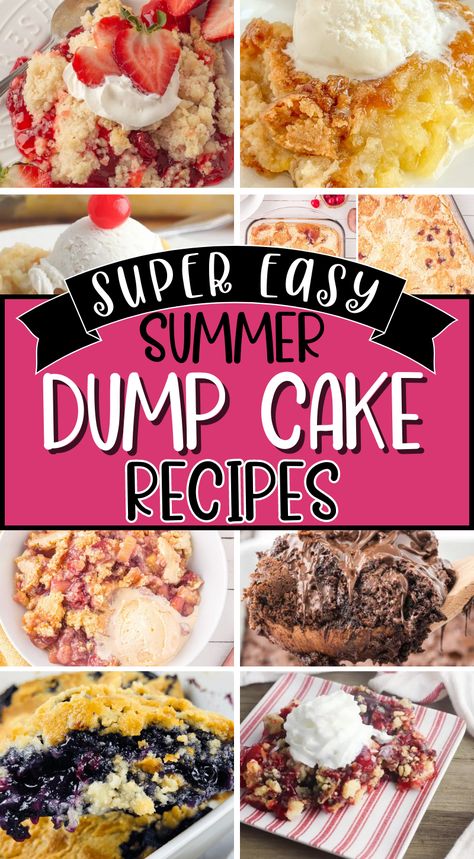 Super easy dump cake recipes on a Pinterest pin 4 Ingredient Dump Cake, White Cake Dump Cake, Box Cake Mix Dump Cake, Dump And Bake Dessert Recipes, Dump Cake Recipes With Soda, Easy Box Dessert Recipes, Box Cake Dump Cake, Dump Cake With Brownies, Quick And Easy Dump Cakes