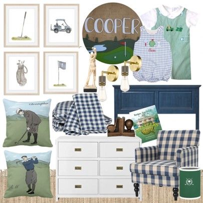 Golf boys bedroom baby kid child children’s bedroom bed headboard dresser white navy bedding plaid check sheets at twin throw pillow golfer golfing golfed lover wastebasket golf ball golf club golf bag golf flag golf bubble outfit Personalized Monogrammed John John Gingham green Wall plaque masters Tiger Woods Book story bookends Bedroom design inspo play room inspiration home Decour home styling Preppy classic traditional style Blue plaid chair buffalo check http://liketk.it/37yKn @liketoknow. Preppy Toddler Boy, Bedroom Bed Headboard, Golf Nursery, Bubble Outfit, Plaid Chair, Golf Flag, Golf Room, Navy Bedding, Golf Baby