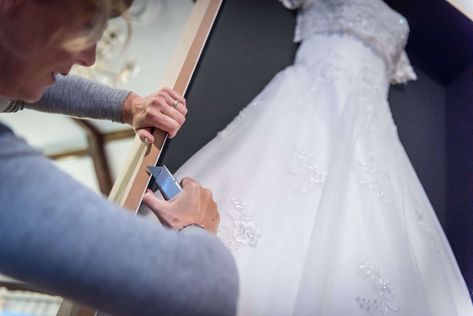 Wedding Dress Framing: How to Frame Your Wedding Dress - hitched.co.uk Wedding Dress Shadow Box, Wedding Dress Frame, Post Wedding Blues, Wedding Dress Keepsake, Dress Box, Wedding To Do List, Dress Display, Wedding Dress With Veil, Dress Images