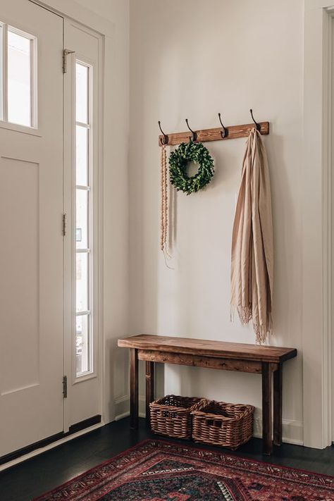 Coat Rack Front Door, Entryway Coat Hooks And Bench, Entryway Decor Coat Rack, Living Room Coat Rack Ideas, Bench At Entryway, Coat Rack And Bench Entryway, Coat Rack Bench Entrance, Hanging Coat Rack Entryway, Guest Coat Rack Entryway