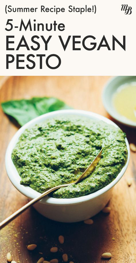 EASY Vegan Pesto in 5 minutes! No-oil optional, big flavor, SO easy! #vegan #glutenfree #pesto #recipe #minimalistbaker Easy Vegan Pesto, Endo Diet, Keto Sauces, Minimalist Baker, Vegan Pesto, Pasta Pizza, Vegan Sauces, Pesto Recipe, Pesto Sauce