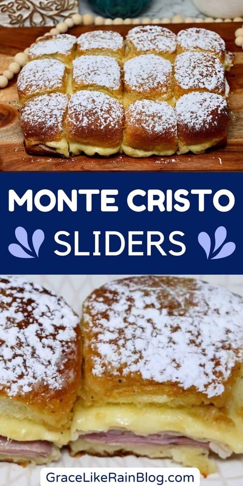 Monte Cristo Sandwich Sliders with Hawaiian Rolls - Grace Like Rain Blog Hawian Roll Sandwiches, Sliders With Hawaiian Rolls, Recipes With Hawaiian Rolls, Monte Cristo Sliders, Stovetop Appetizers, Sliders On Hawaiian Rolls, Sandwich Sliders, Hawaiian Roll Sandwiches, Sliders Recipes Hawaiian Rolls