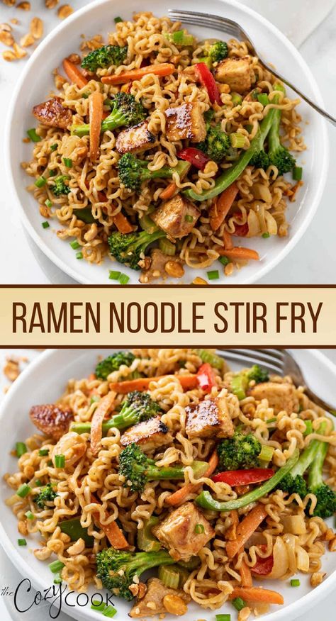 This Ramen Noodle Stir Fry is an easy weekday meal with chicken, vegetables, and the best peanut sauce! It's budget friendly and makes a great last minute dinner idea. Healthy Ramen Stir Fry, Ramen Noodles With Vegetables, Ramen Stir Fry Vegetarian, Ramen Noodle Bowls Chicken, Rice Ramen Noodle Recipes Chicken, Teriyaki Chicken Ramen Noodle Recipes, Shrimp Ramen Stir Fry, Ramen Noodle Chicken Stir Fry, Stir Fry With Ramen Noodles